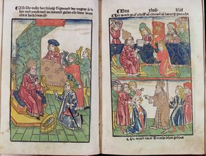 Luxemburgin keisari Sigismund (1367-1437) vastaanottaa unkarilaistensa alamaisten kunnianosoituksen 1483 (värillinen puupiirros) (katso myös 336923)